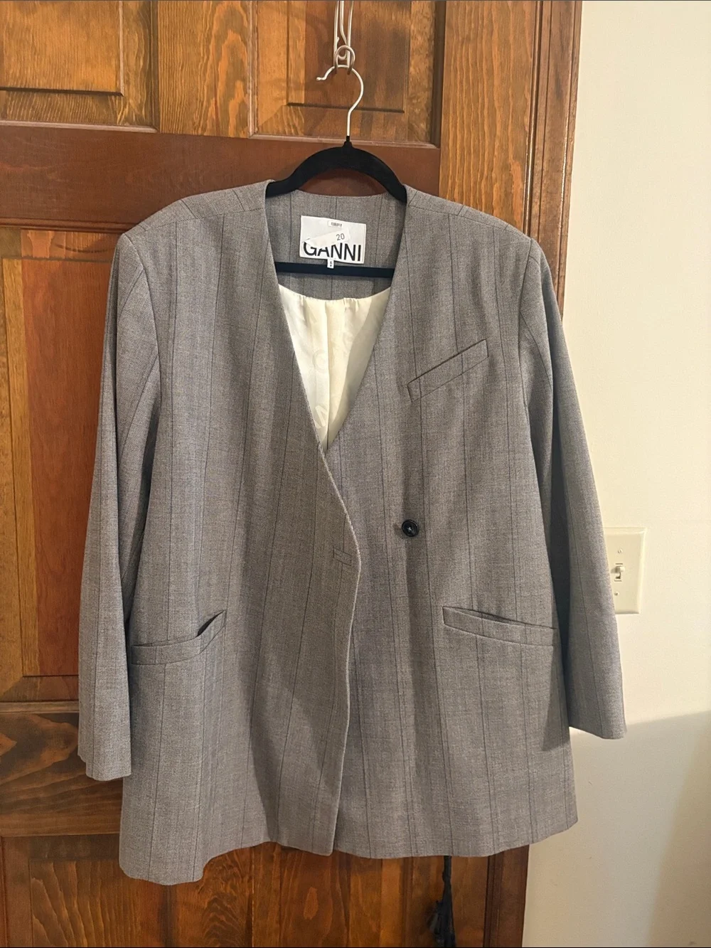 Ganni Gray Pinstripe Single-Button Blazer